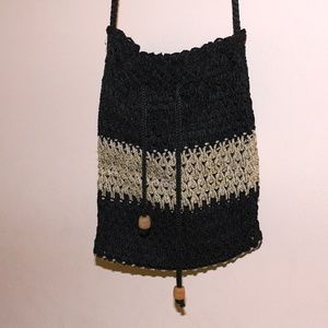 Woven Small Crossbody Drawstring Black & Tan Purse